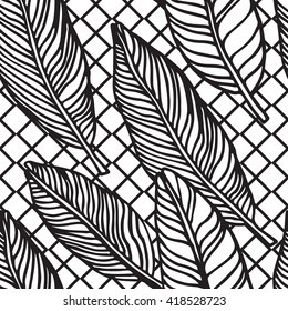 Simple seamless tropical jungle floral background hand-drawing doodle leaves, diagonal striped texture. Summer pattern for your clothes, typography, design in classic 1990, 1980s