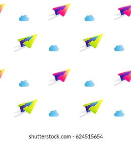 Simple seamless vector background with planes and clouds. Repeat pattern with colorful paper planes flying in the sky.