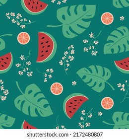 Simple seamless vector bright green pattern of monstera leaves, watermelons, grapefruits, flowers. For fabrics, wrapping paper, wallpapers.