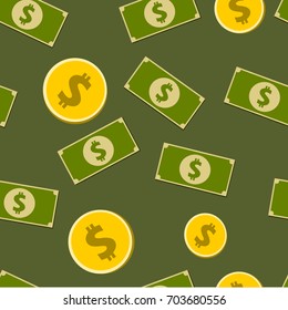 Simple seamless vector design of dollar banknotes and golden dollar coins on dark green background