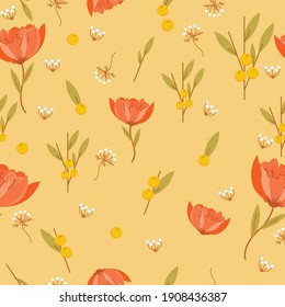 Simple seamless vector floral pattern. Background for printing on paper, wallpaper, covers, textiles, fabrics, for decoration, decoupage, scrapbooking and other
