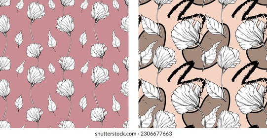 Simple. Seamless vector floral pattern. Tropical nature wrapping paper or textile design.Abstract boho plants seamless pattern neutral design. Flowers sketch.