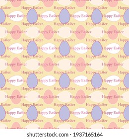 Simple seamless Vector geometric pattern with small colourful Easter Eggs on yellow background with happy Easter greetings. Playful decorative design for greeting cards, posters and wrapping paper.