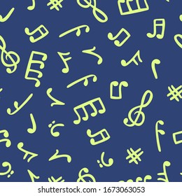 Simple ilustración vectorial sin fisuras con notas dibujadas a mano. Patrón primitivo sin fin con elementos musicales de fondo azul