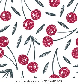 Simple seamless vector pattern. Branch with cherries on a white background. For fabric prints, textile products. Summer berries and fruits.