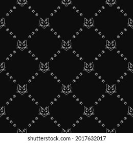 Simple seamless vector pattern with cat face and paw prints in rhombus grid. White on black. Good for cats goods decoration