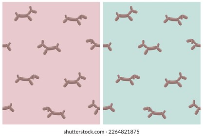 Simple Seamless Vector Pattern with Cute Brown Balloon Dogs isolated on a Pastel Pink and Light Blue Background. 3D like Dog made of Balloons. Funny Minimalist Print for Dog Lovers ideal for Fabric. 