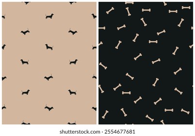 Simple Seamless Vector Pattern With Dachshund And Bones. Tiny Bones Isoalted On A Black Background. Little Dogs On A Light Brown Backdrop. Sausage Dog Endless Print Ideal For Dogs Lovers.