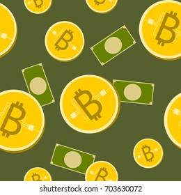 Simple seamless vector seamless pattern design of money in green bank notes and golden bitcoins on dark green background