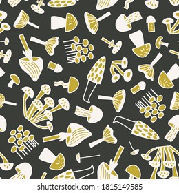 Simple seamless vector pattern with different mushrooms on dark background. Childish cartoon endless illustration