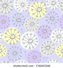 Simple seamless vector pattern with doodle dandelions. Outline drawing, blue gray background, dandelions seeds. For textile, design. fabric, paper.