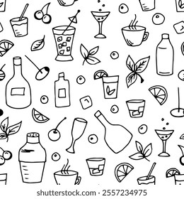 Simple seamless vector pattern in doodle style. Cafe bar, drinks, alcohol. Cups, glasses, lemon slice, mint leaves, bubbles, cocktail. Black outline on white background. Wrapping paper print, label.