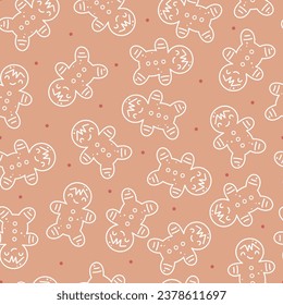 Simple seamless vector pattern with gingerbread man. Scandi style line Christmas texture. Fun design. Winter background for wrapping paper, packaging, gift, fabric, wallpaper, cover, textile, apparel.