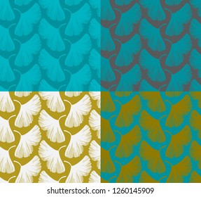 Simple and seamless vector pattern with ginkgo in turquoise, white, gold and gray colors