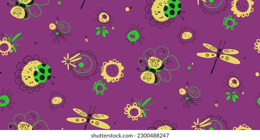 Simple Seamless Vector Pattern for Girls with Flowers, Ladybugs, Butterflies, and Dragonflies. Perfect for children's clothing, bedding or any other projects