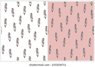 Simple Seamless Vector Pattern with Hand Drawn Flowers. Infantile Style Floral Print. Black Twigs with Pink Berries Isolated on a White Background. Funny Tiny Flowers on a Pink Layout.Abstract Garden.