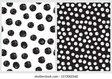 Simple Seamless Vector Pattern with Hand Drawn Irregular Dots. Black Brush Dots Isolated on a White Background. White Polka Dots on a Black Layout. Infantile Style Abstract Dotted Print.