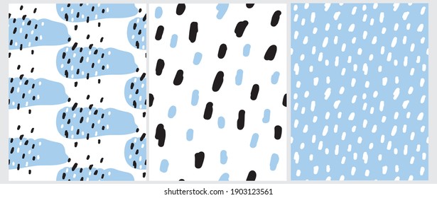 Simple Seamless Vector Pattern with Hand Drawn Lines and Spots Isolated on a Pastel Blue and White Background. Doodle Print ideal for Fabric, Wrapping Paper. Cute Geometric Print.