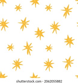 Simple seamless vector pattern with hand drawn stars on white background. Birthday, New Year, Christmas, Children illustration for wrapping paper, textile, festive cards and designs.