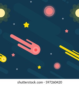 Simple seamless vector pattern. Minimal illustration of comets, stars and outer space in flat design style