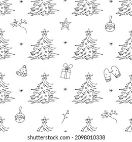 Simple seamless vector pattern with New Year Trees, gifts, warm clothes - hand-drawn doodles. Black lines on white background. Wrapping design.