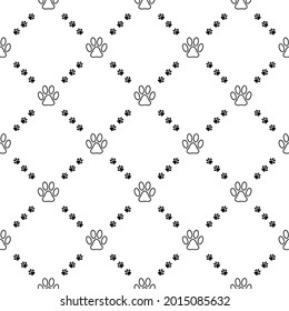 Simple seamless vector pattern with paw prints in rhombus grid. Black on white. Good for cats goods decoration