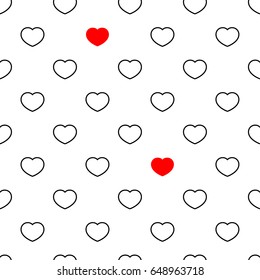 Simple seamless vector pattern with stroke hearts and some red hearts