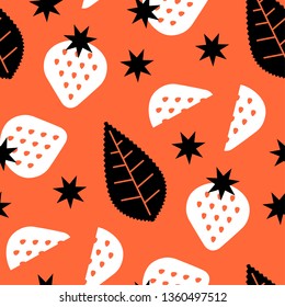 Simple seamless vector pattern of stylized ripe strawberry, pieces, leaves silhouettes on bright red background.