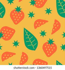 Simple seamless vector pattern of stylized ripe strawberry, pieces, leaves.
