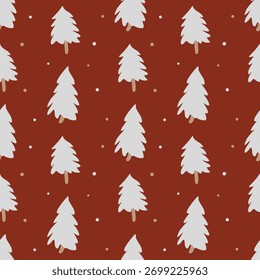 Um padrão de vetor simples sem emenda com árvores de Natal brancas em um fundo vermelho. Fundo de Natal de inverno. Uma ilustração plana simples para embrulhar papel, têxteis e decoração de inverno. Floresta escandinava