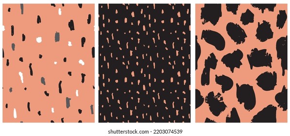 Simple Seamless Vector Patterns. Abstract Irregular Geometric Print with Brush Spots isolated on a Black and Terracotta Background. Repeatable Design with Gray, White and Black Spots.