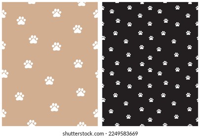 Simple Seamless Vector Patterns with Cat Paws Tracks on a Black and Light Brown Background. Simple Little Kitten Paws Print ideal for Fabric, Textile, Wrapping Paper, Cat Lovers.