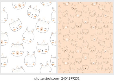 Simple Seamless Vector Patterns with Cute Hand Drawn Funny Rabbit, Sweet Kitty and Teddy Bear Wearing Party Hats.Lovely Nursery Endless Print with Bunny, Cat and Bear on a White and Beige Background. 