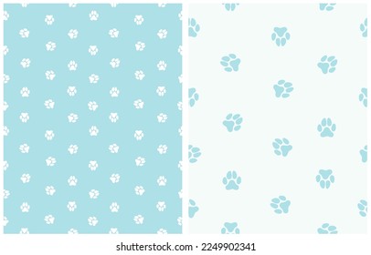 Simple Seamless Vector Patterns with Dog Paws Tracks on a Pastel Blue and Ultra Light Blue Background. Simple Little Puppy Paws Print ideal for Fabric, Textile, Wrapping Paper, Dog Lovers.