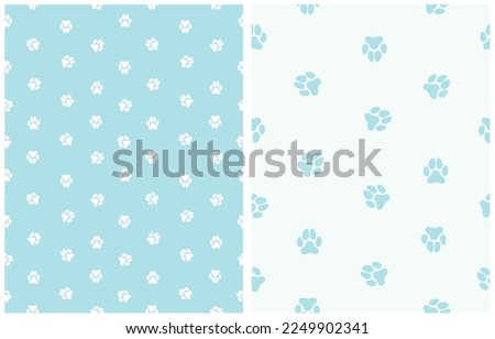 Simple Seamless Vector Patterns with Dog Paws Tracks on a Pastel Blue and Ultra Light Blue Background. Simple Little Puppy Paws Print ideal for Fabric, Textile, Wrapping Paper, Dog Lovers.