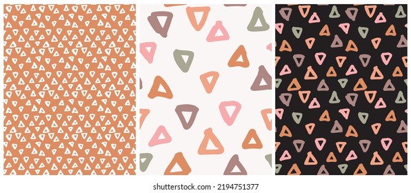 Simple Seamless Vector Patterns with Hand Drawn Irregular Triangles on a White, Black and Orange Background. Freehand Geometric Print Ideal for Fabric, Textile, Wrapping Paper. Doodle Triagles Design.