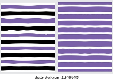Simple Seamless Vector Patterns with Hand Drawn Irregular Stripes on a White and Dark Violet Background. Freehand Geometric Print Ideal for Fabric, Textile, Wrapping Paper. Doodle Striped Design.