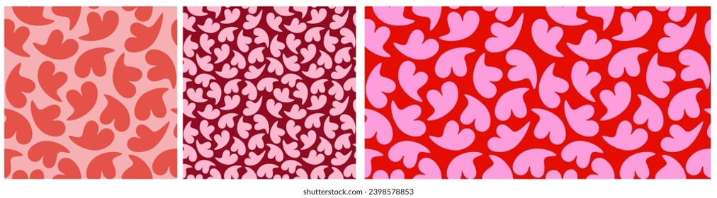 Simple Seamless Vector Patterns With Melting Hearts. Pink-Red Funky Hearts on a Coral and Red Backgrund. Abstract Romantic Backdrop. Valentine's Day Holiday Endless Print with Liquid Hearts. RGB.
