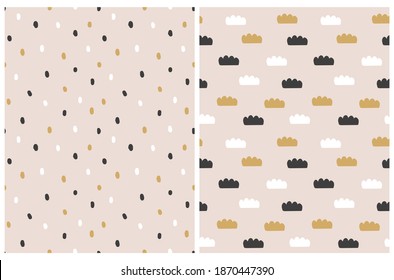 Simple Seamless Vector Patterns with Spots and Clouds. Nursery Design with White, Black and Gold Dots and Clouds Isolated on a Light Salmon Pink Background. Abstract Geometric Print. Irregular Spots.
