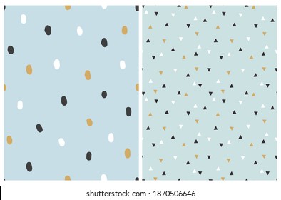 Simple Seamless Vector Patterns with Spots and Triangles. Cute Design with White, Black and Gold Daubs Isolated on a Pastel Blue and Mint Green Background. Abstract Geometric Print. Irregular Spots.