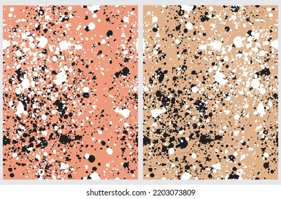 Simple Seamless Vector Patterns.Abstract Irregular Geometric Print with Brush Spots isolated on a Light Brown and Terracotta Background. Repeatable Design with Black and White Splashes.