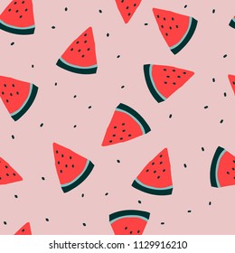 Simple seamless watermelon background.Vivid slices of watermelon on a pink pastel background.