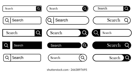 Simple search bar line icon set. Collection of search form templates for websites. Containing magnifying glass, research, find, and investigate icons. Outline icon in linear style. Vector collection. 