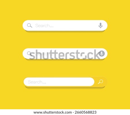 Simple search bar as part of user interface design. Collection of search form templates for websites. Search engine web browser window template.