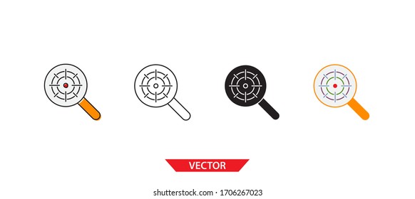 Simple search target icon on white background 4 types such as outline, black, color, outline and color. Vector illustration.