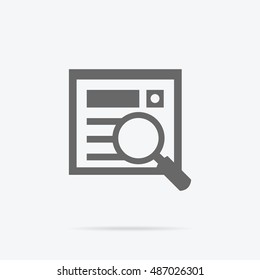 Simple searching icon. Grey line pictogram of magnifying glass and document with shadow under it. Vector illustration for data searching services, applications icons, logo and web page design.