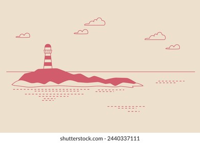 A simple seascape with an island with a lighthouse visible