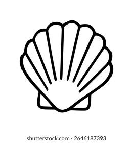 Simple seashell is displayed. This is a hand drawn line art icon of a seashell. The design is minimalist and vector. It is isolated on a white background