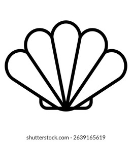 A simple seashell outline is shown against a white background, often used as a symbol for the beach or ocean.