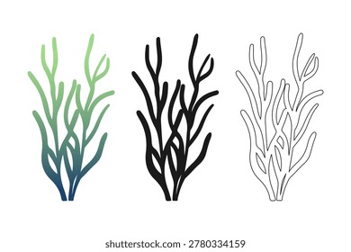 Simple seaweed doodle set resembling gracilaria with green gradient, black silhouette and line art for aquarium decor, eco branding and marine textile patterns.